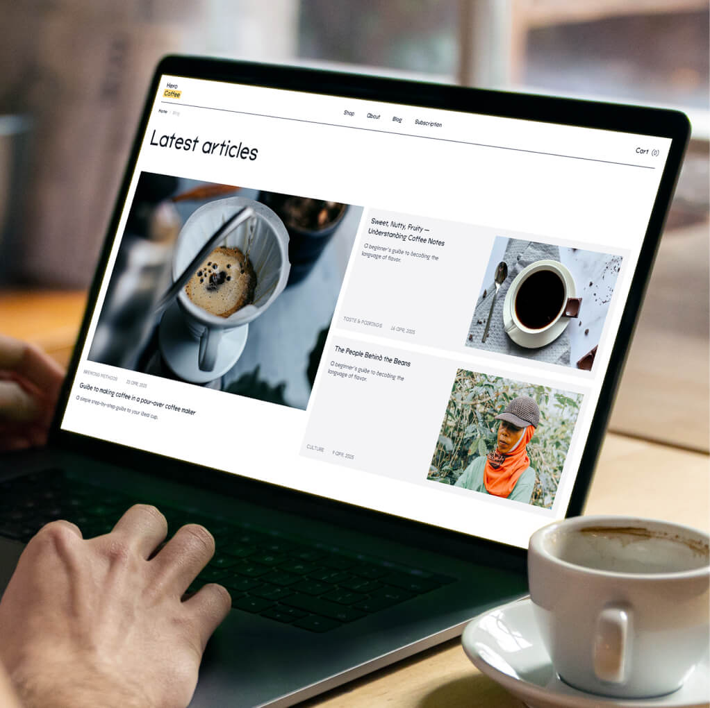 Hero Coffee homepage over coffee beans