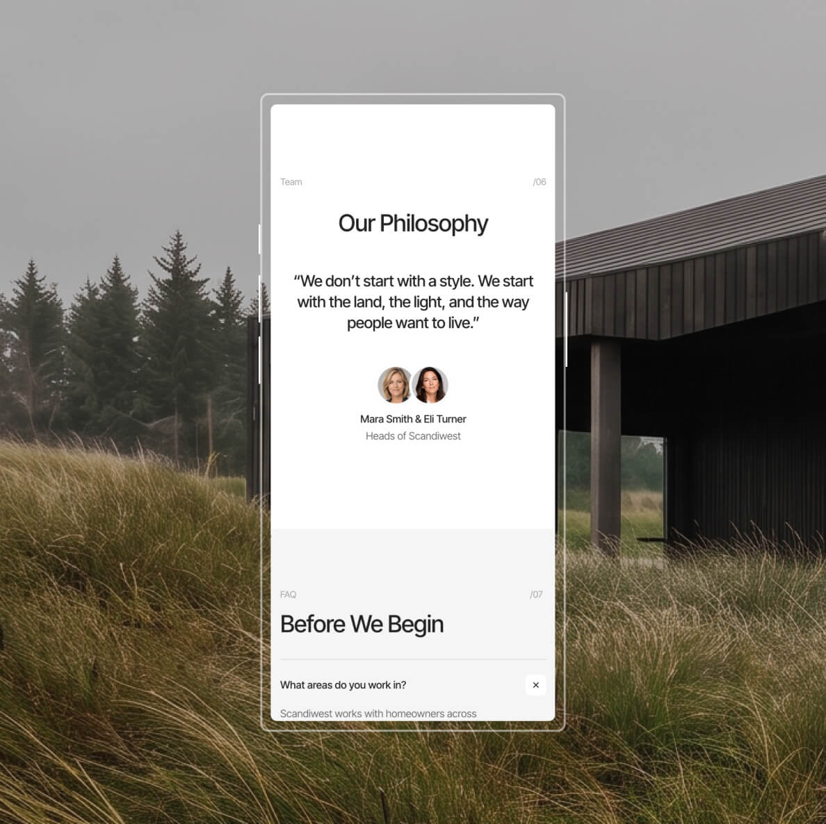 Scandiwest philosophy and FAQ page on mobile